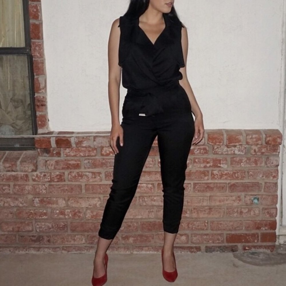 Black V-Neck Tie Waist Jumpsuit